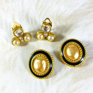 2 pairs of vintage clip on earrings faux pearls and clear stones Carol Lee